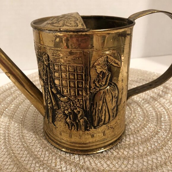 Vintage Brass Decorative Watering Can With Embossed Colonial Scene Design - Picture 10 of 14